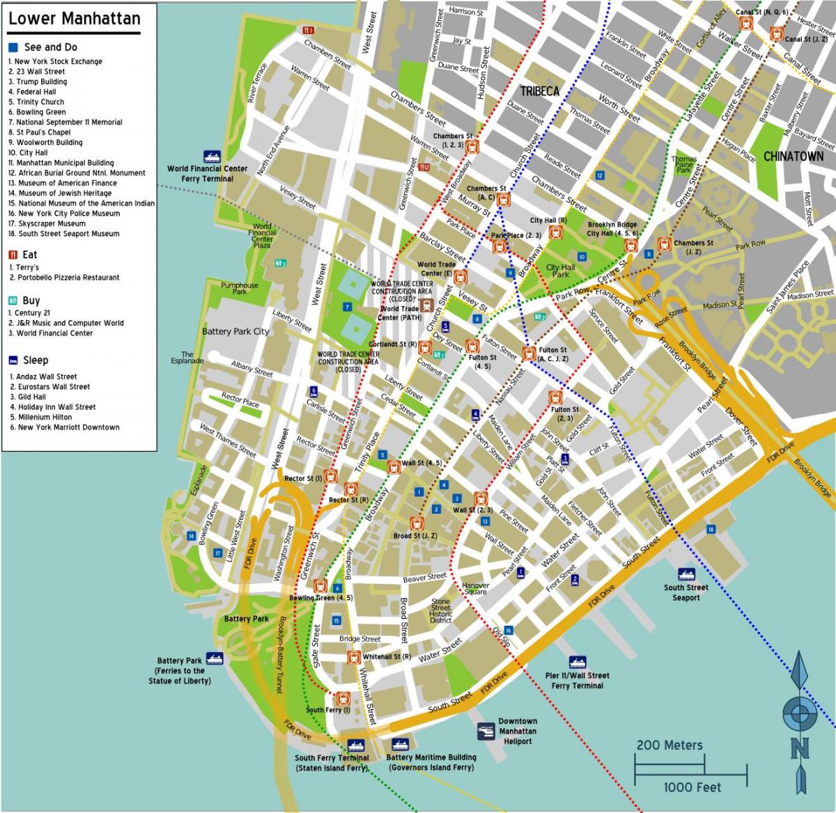 karta donjeg Manhattana s imenima ulica